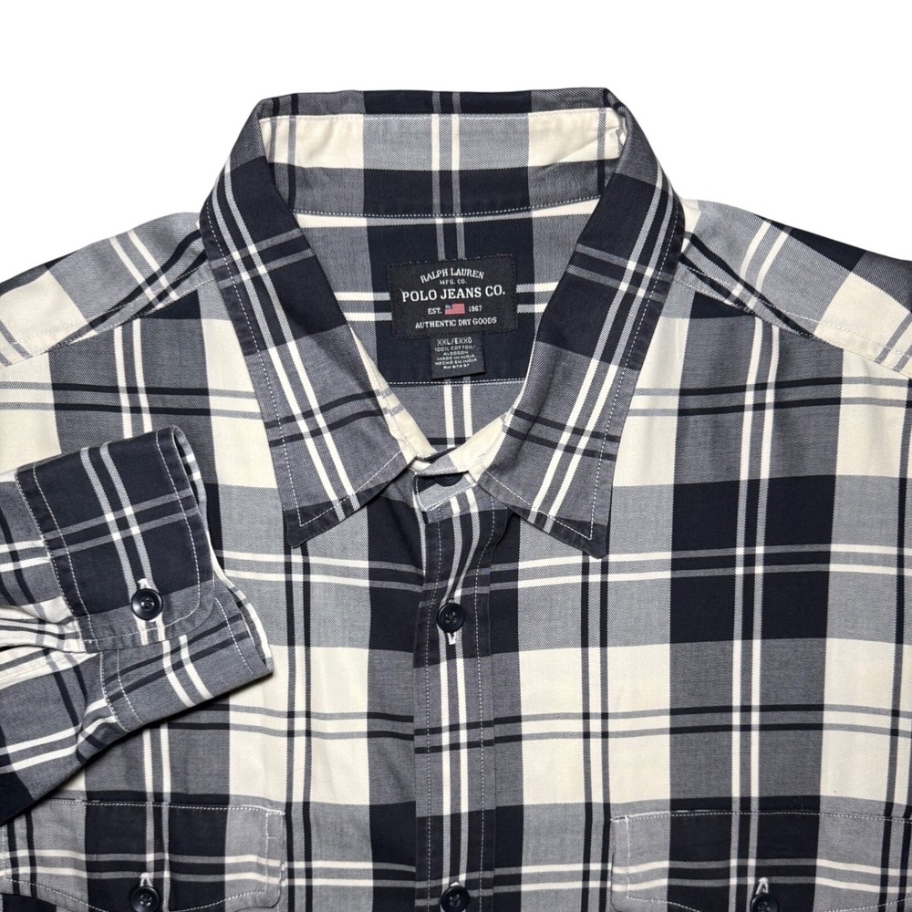 Ralph Lauren Polo Jeans Co Button Down Shirt Mens XXL Black Cream Plaid